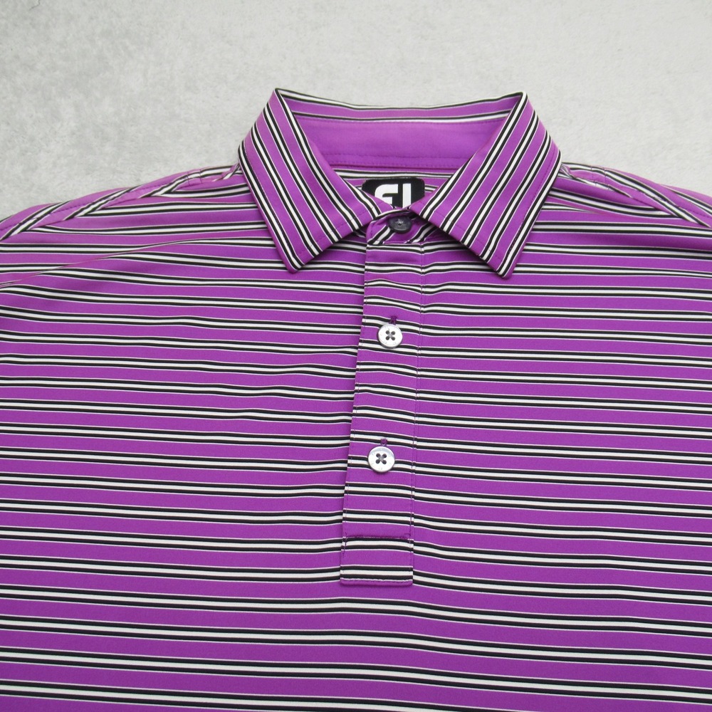 FootJoy Polo Shirt Mens Medium Purple Striped Short‎ Sleeve Golf Athletic Logo